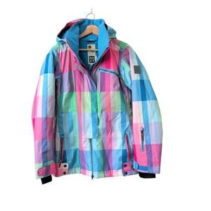 ROXY Womens Ski Snowboard Jacket Size Medium Long Slim Fit Waterproof Plaid Hood